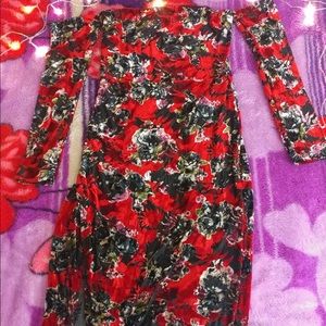 Velvet floral off the shoulder side slit dress